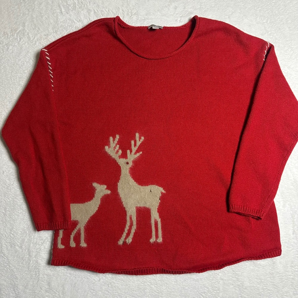 J. Jill Womens Red Reindeer Angora Intarsia Knit Sweater Large Petite Holiday